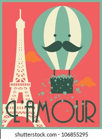 hot air balloon and paris eiffel tower poster template vector/illustration