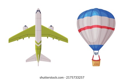 Hot Air Balloon and Passenger Plane as Travel and Tourism Symbol Vector Set