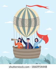 Hot Air Balloon With Passengers In Basket. Inflated Ballon Flying In The Sky Over Mountains. Summer Traveling, Vacation, Tourism, Explore And Journey. Colorful Vector Illustration