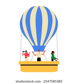 Hot Air Balloon With Passengers Exploring In Flat Vector Illustration Symbolizing Adventure, Tourism, And Outdoor Exploration, Isolated On White Background