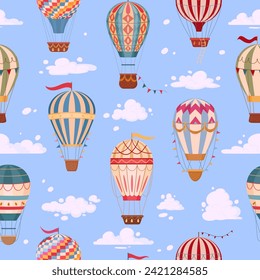 Hot air balloon pattern. Cartoon air balloons seamless background, retro aircrafts print flat vector illustration. Vintage air transport endless design