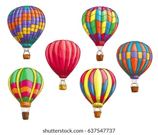 Hot air balloon with pattern ornament design. Vector sketch icons of isolated inflated hopper baloons or cloudhopper aircrafts with zig zag, stripes or square patch decor and air trip gondola