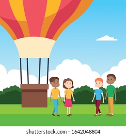 hot air balloon and people standing over landscape background, colorful design, vector illustration