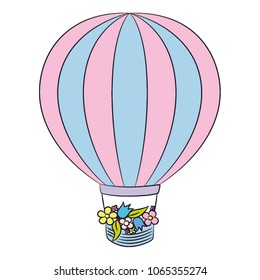 Hot air balloon pink and blue color, basket with flowers, baby girl theme, dream flight vector illustration in retro shabby chic style, for scrapbook element, kids clothing print, children book, card.