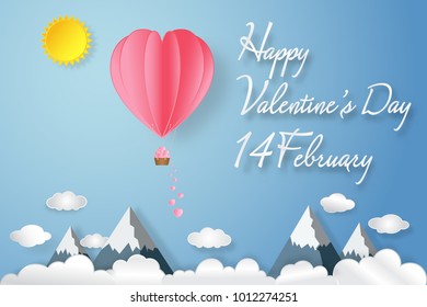 The hot air balloon and pink heart, sunny on blue sky background as love, valentine's day in 14 February, wedding and paper art concept. vector illustration.