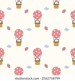 Hot air balloon pink and penguin cartoon so cute. On strawberry cloud background. Pattern seamless vector illustration. 
