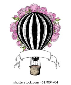 Hot Air Balloon with pink peony, template for wedding invitation. Retro airship on white background. Vector illustration