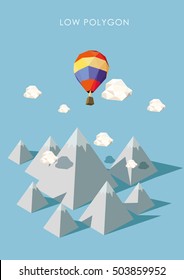 Hot air balloon and polygonal mountains. Low poly vector illustration. Traveling and adventure concept.