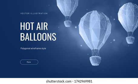 Hot air balloon polygonal vector illustration - Monochrome abstract isolated on blue background - Concept of fly, travel or adventure - Low poly wireframe style