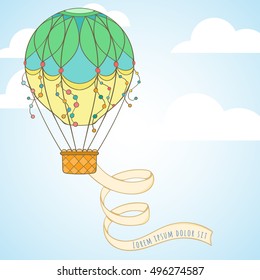 Hot air balloon with poster in the sky invitation card can be used for holiday cards, wedding invitation, postcard, flayer, banner or website. Hand-drawn cartoon vector air balloon illustration banner