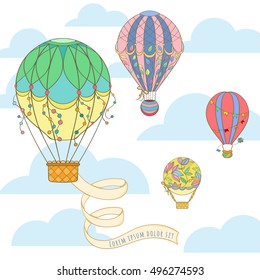 Hot air balloon with poster in the sky invitation card can be used for holiday cards, wedding invitation, postcard, flayer, banner or website. Hand-drawn cartoon vector air balloon illustration banner