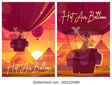 Hot air balloon posters with man and dove fly above fields in mountain valley at sunset. Vector flyers with cartoon evening landscape and flying colorful airships with person in sunglasses in basket