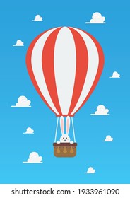 Hot air Balloon with rabbit in basket. Easter day concept. Vector illustration.