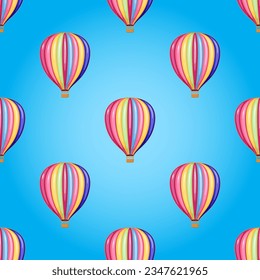 Hot air balloon with rainbow colors isolated on blue gradient background is in Seamless pattern - vector illustration 