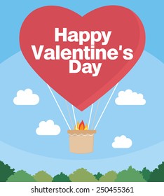 Hot air balloon with red heart . Valentines day card. Retro illustration.