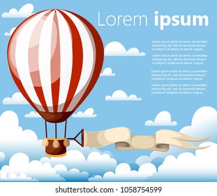 Hot air balloon. Red balloon with ribbon on the blue sky. Vector illustration isolated with clouds on background. Place for your text. Website page and mobile app design.