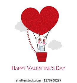 Hot air balloon with red shining hearts and cute cats. Happy Valentine's day greeting card