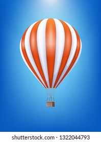 Hot Air Balloon With Red And White Pattern Floating In The Clear Blue Sky. Vector Realistic 3d Illustration