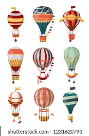 Hot air balloon retro icons with pattern, gondola and flags for Bon Voyage or open air balloon festival. Vector isolated symbols of balloon cloudhopper for travel tour or entertainment show