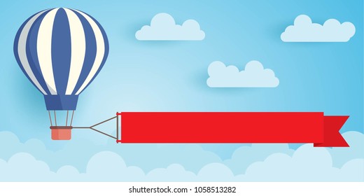 Hot air balloon with ribbon flying on the sky background. Vector illustration