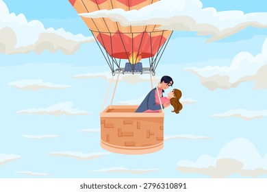 Hot air balloon ride with romantic couple hugging in cloudy sky. Cartoon hand drawn vector illustration. Love travel postcard, honeymoon design and tourism vacation background