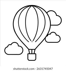 hot air balloon rising through the sky surrounded by clouds expressing freedom imagination peaceful travel and uplifting spirit in whimsical and artistic line drawing