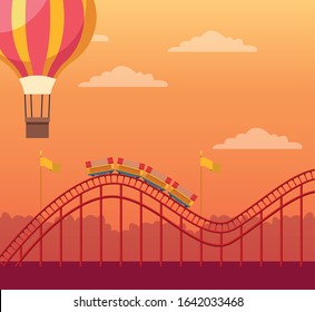 hot air balloon and roller coaster over orange sunset background, colorful design, vector illustration