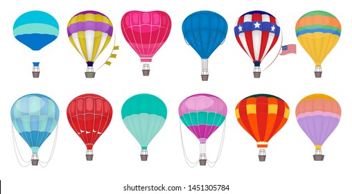 Hot air balloon. Romantic colorful flying entertainment festival balloons outdoor in sky vector collection. Air hot balloon travel, sky transport illustration