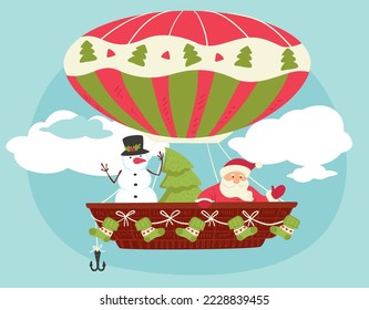 Hot air balloon with Santa Claus and Snowman character with pine tree. Xmas and New Year celebration, Christmas holiday. Socks and mistletoe, spruce and fir. Vector in flat style illustration
