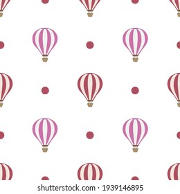 Hot air balloon seamless pattern vector on isolated white background. Cute red, and pink balloons with dots.