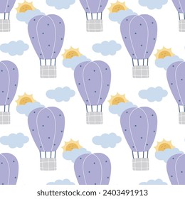 Hot air balloon seamless pattern. Background with sun, clouds and airship flying. Cute pastel print for baby textile, wallpaper, design, vector illustration