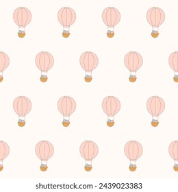 Hot Air Balloon Seamless Pattern. Simple Doodle Travel and Tourism Funny Textile Swatch. Hot Air Balloon Transport Baby Fabric Print Decoration.  