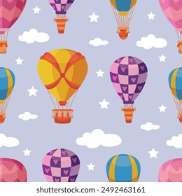 Hot air balloon seamless pattern. Travel balloons flying in sky, white clouds and stars. Airship fabric or wrapping print design. Childish neoteric vector background