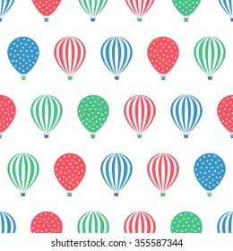 Hot air balloon seamless pattern. Baby shower vector illustrations isolated on white background. Polka dots and stripes. Colorful hot air balloons design.