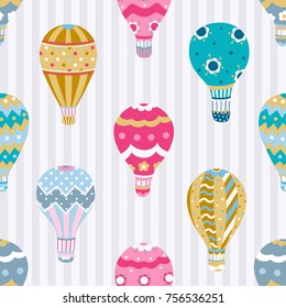Hot air balloon seamless pattern on striped background. Vector