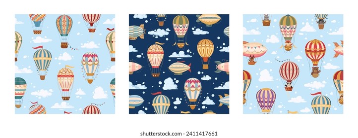 Patrones sin soldadura de globo aerostático. Globos de aire vintage de dibujos animados con animales bonitos a bordo, dirigibles y aviones retro ilustración vectorial plana sin fin. Patrones de fluidez en el transporte aéreo