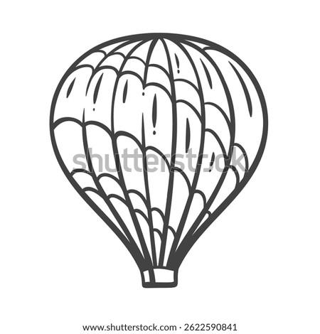 Hot air balloon with segmented envelope and rounded shape, drawn in simple black outline. Clean doodle style for travel projects, posters, or kids design. Vector illustration.
