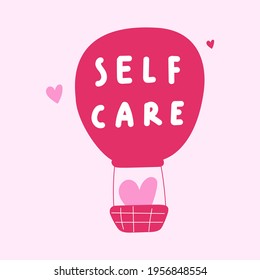 Hot air balloon. Self care. Vector illustration on pink background.