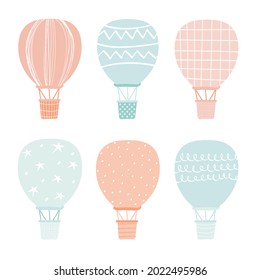 hot air balloon set. Cute baby transport. Montgolfier balloon in Scandinavian style. Universal design for stickers, T-shirt prints, postcard designs. Vector illustration, hand-drawn