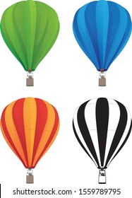 Hot Air Balloon Set in Green, Blue, Red Orange, and Black Line Art, Isolated Vector Illustration