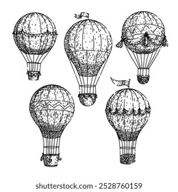 hot air balloon set hand drawn. adventure sky, borne basket, altitude sunrise hot air balloon vector sketch. isolated black illustration