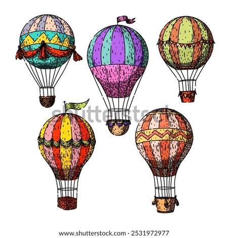 hot air balloon set hand drawn. adventure sky, borne basket, altitude sunrise hot air balloon vector sketch. isolated color illustration