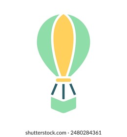 Hot air balloon set icon. Green and yellow balloon, black outline, travel, adventure, flight, sky, aerial, tourism, exploration, leisure.
