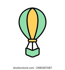 Hot air balloon set icon. Green and yellow balloon, black outline, travel, adventure, flight, sky, aerial, tourism, exploration, leisure.