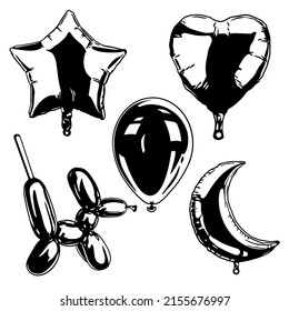 Hot air balloon set, vector illustration for cutting vinyl and printing. Balloon in the shape of a heart, a month, a star, a dog. balloons for birthdays and holidays