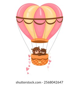 Hot air balloon in the shape of a heart with a couple of bears.Festival hot air balloon in vector isolated on white background. Romantic hot air balloon in the shape of a heart with ribbons and hearts