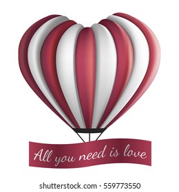 Hot air balloon in the shape of a heart with a banner