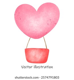  hot air balloon in the shape of a large pink heart, with a soft watercolor texture. The heart acts as the balloon, and it is tethered to a red basket by thin strings