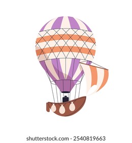 Hot air balloon with ship-shaped basket in flight. Hotair airship flying. Aerial transport, aerostat with sail, vessel, soaring. Flat graphic vector illustration isolated on white background