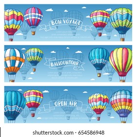 Hot air balloon sketch banner set. Air balloon floating across blue sky with white clouds vintage card, supplemented by ribbon banner with Balloon Tour, Bon Voyage text for travel, ballooning design